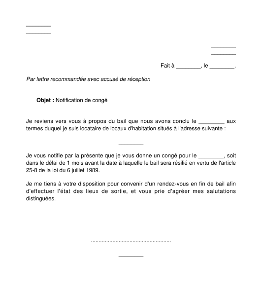 Lettre de congé donné par le locataire au propriétaire