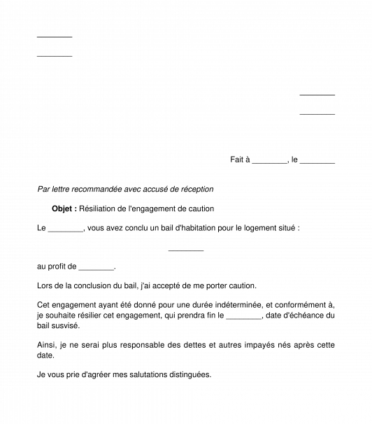 Lettre de résiliation de l'engagement de caution