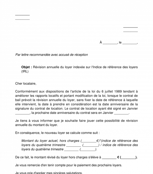 Lettre de révision annuelle du loyer