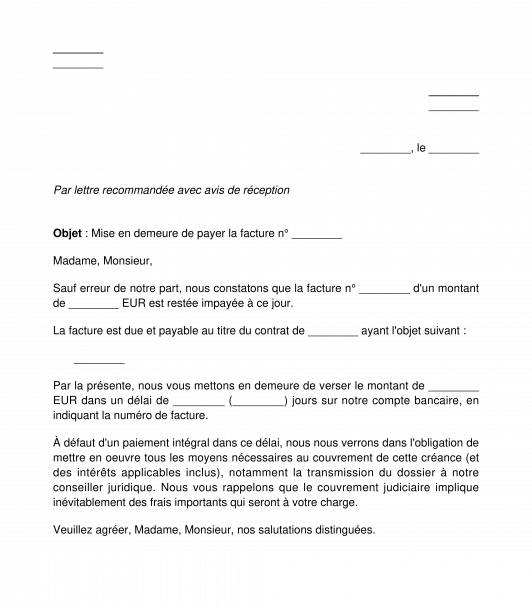Mise en demeure de payer une facture