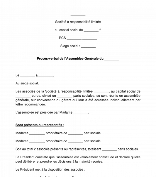 Procès-verbal de nomination / changement de gérant SARL, EURL, SCI