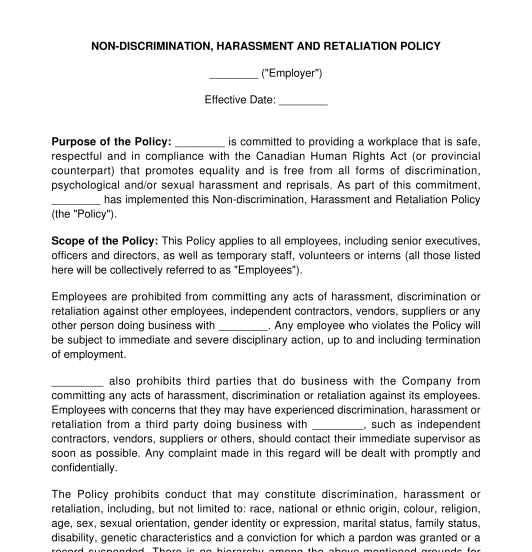 Non-Discrimination, Harassment and Retaliation Policy