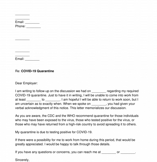 Notice of Coronavirus Quarantine to Employer