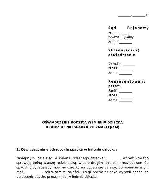 Oświadczenie rodzica w imieniu dziecka o odrzuceniu spadku