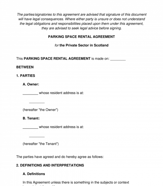 Parking Space Rental Agreement Scotland