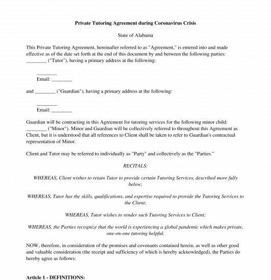 Private Tutoring Agreement during Coronavirus Crisis