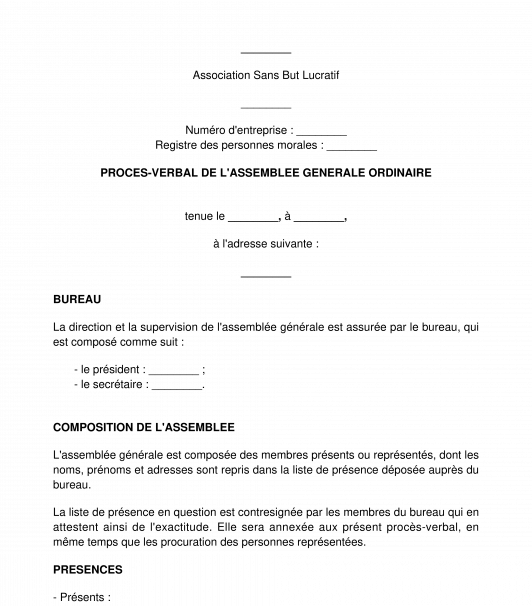 Procès-verbal d'une assemblée générale d'une Association Sans But Lucratif ASBL