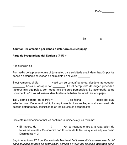 Reclamación por daños o pérdida del equipaje