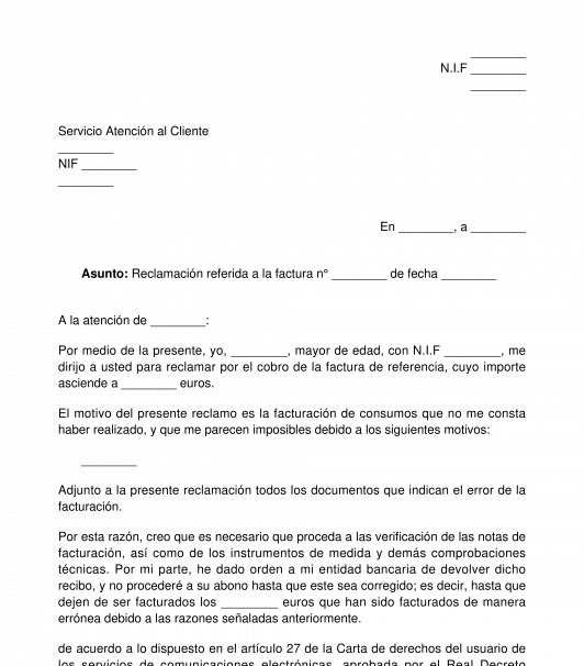 Reclamación sobre una factura telefónica y/o de internet