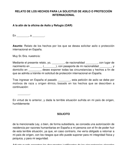 Relato para la solicitud de asilo en España