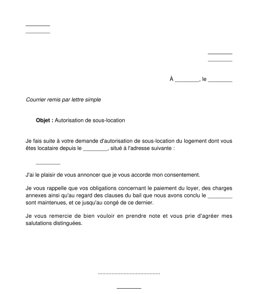 Réponse du propriétaire à une demande de sous-location bail d'habitation