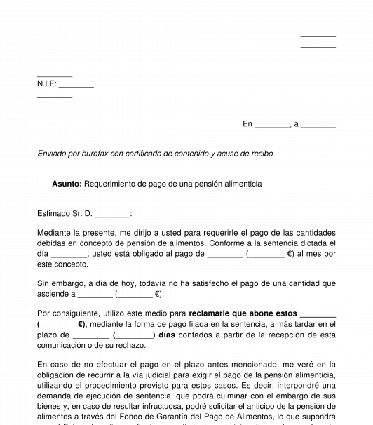 Requerimiento de pago de una pensión alimenticia o compensatoria