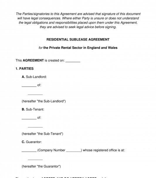 Residential Sublease England and Wales