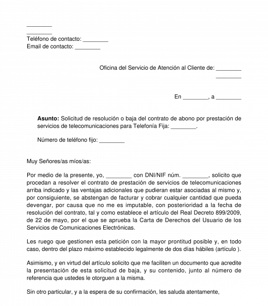 Solicitud para dar de baja un contrato de telefonía fija, móvil e internet