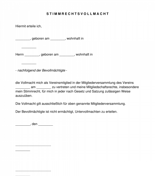 Stimmrechtsvollmacht für eine Mitgliederversammlung Verein