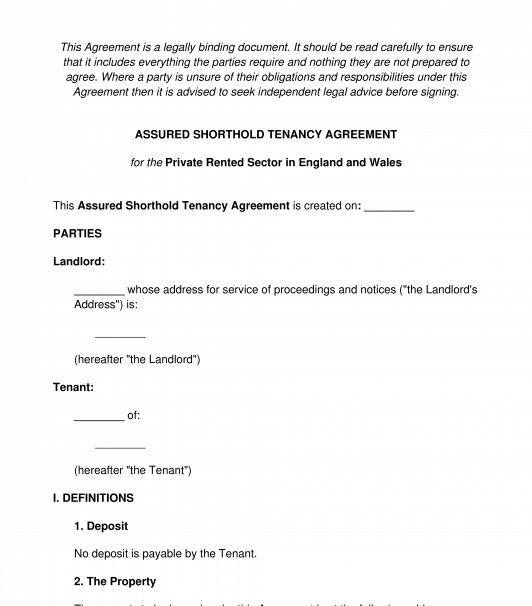 Tenancy Agreement - Assured Shorthold Tenancy