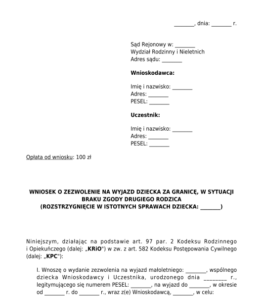 Wniosek do sądu o zatwierdzenie istotnych spraw dziecka